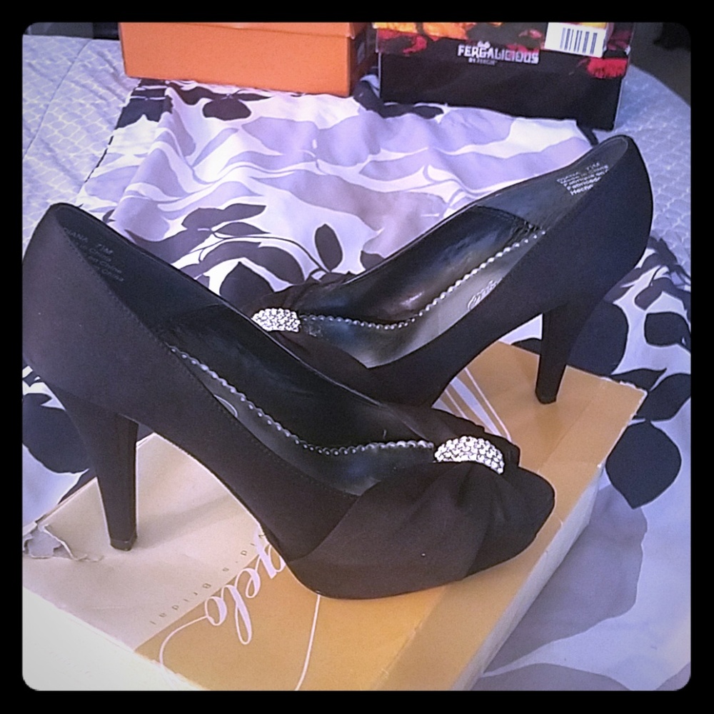 satin heels w/ rhinestones & peep toe